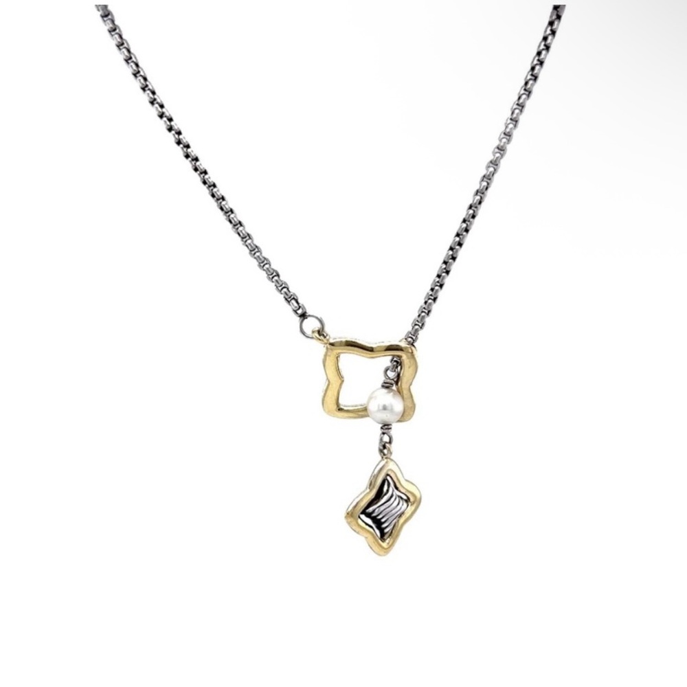 David Yurman Gold and Silver Pearl Necklace with Geometric Pendant
